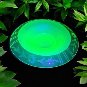 Antique RARE Green Uranium Depression Glass Console Bowl w/Rolled Leave Edge 11"